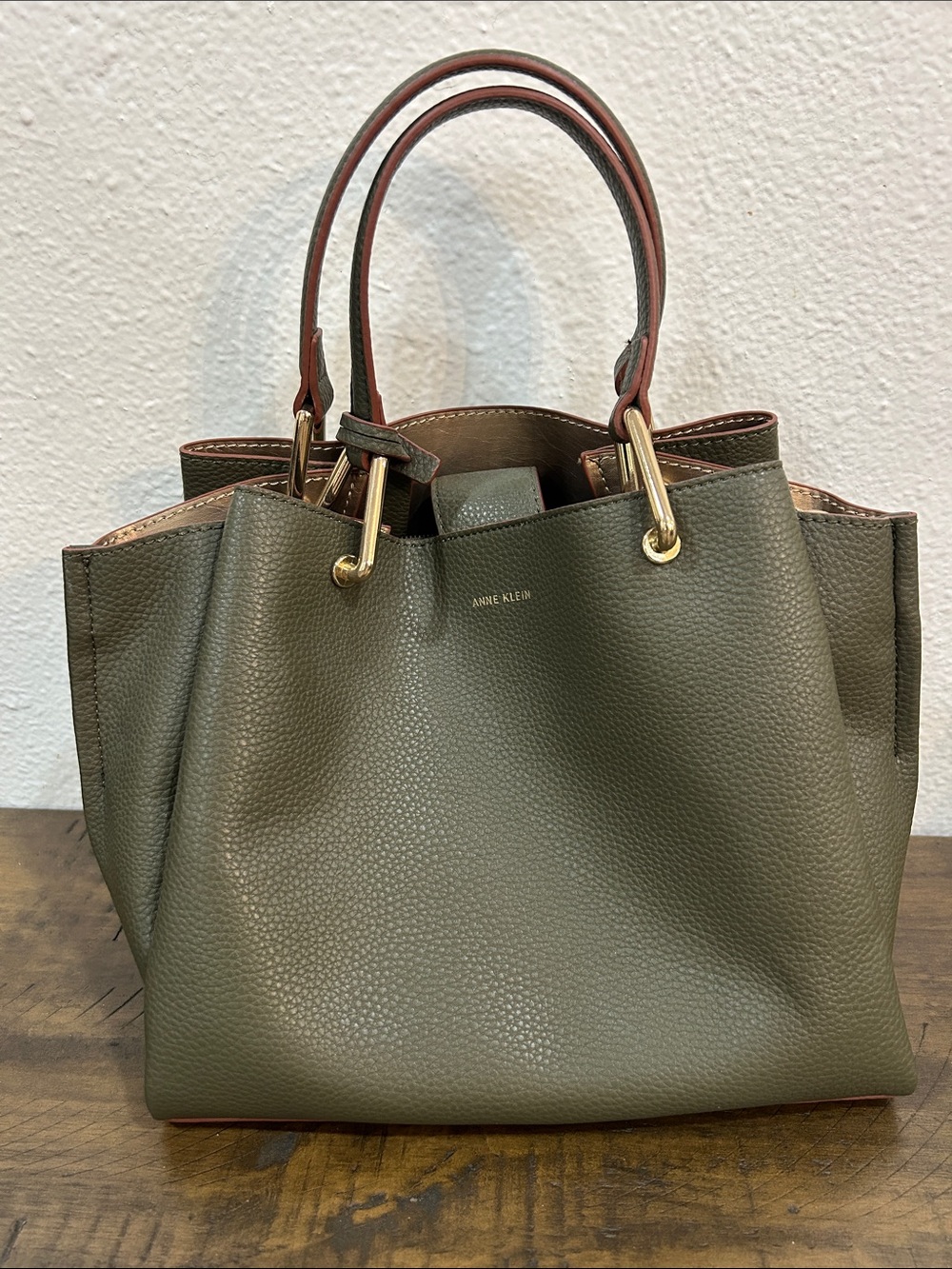 Anne Klein Olive Pebbled Tote with Brown Handles